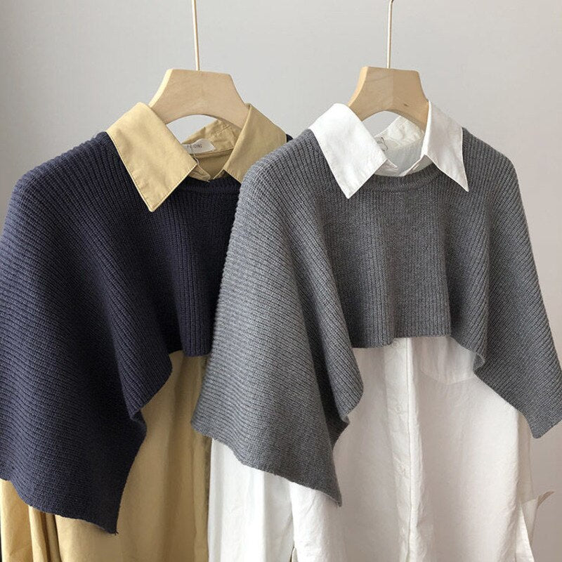 Knitted Cape Women Clothing O Neck Solid Short Tops Shawl Sweater Jumper 2023 Autumn Fashion Wild Knitted