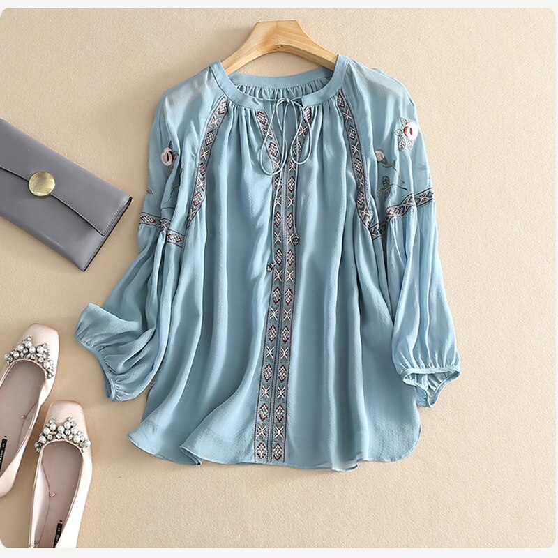 100% Silk Blouse Women Vintage Embroidered Tie V Neck Lantern sleeve 2 Colors Elegant Casual Top
