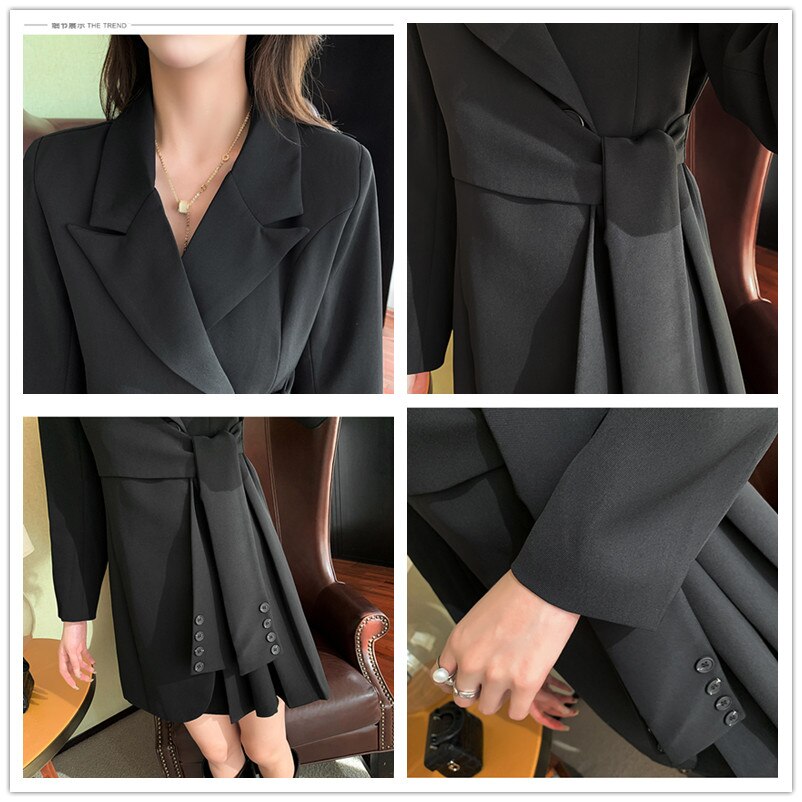 Korean Fashion White Dress Autumn New Waist Notched Long Sleeve Mini Pleated Blazer Dresses for Women
