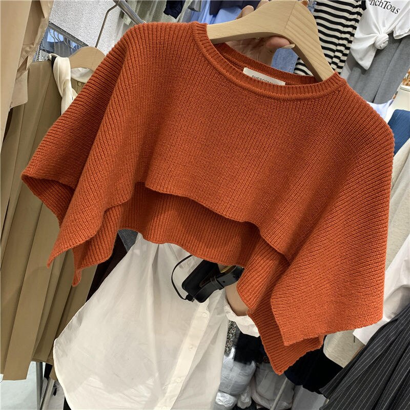 Knitted Cape Women Clothing O Neck Solid Short Tops Shawl Sweater Jumper 2023 Autumn Fashion Wild Knitted