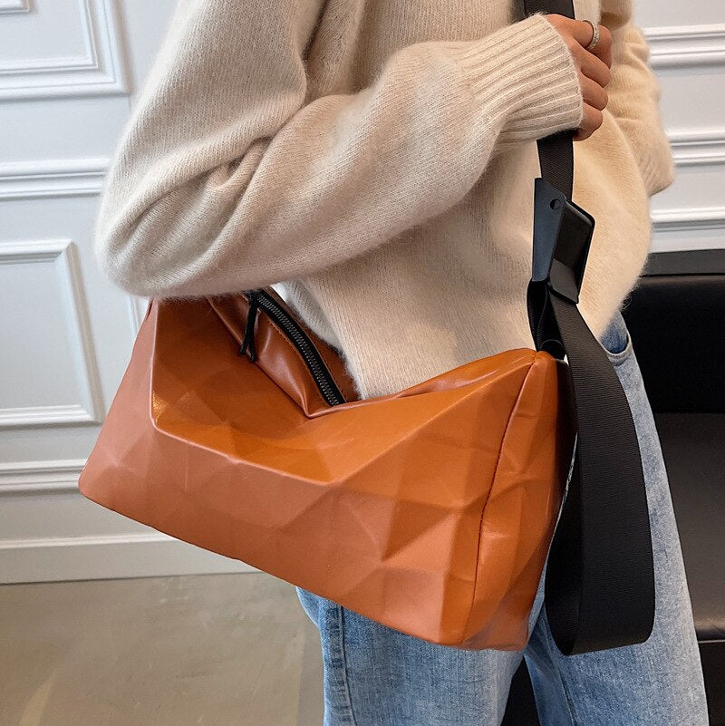 Geometric Pattern Large Bags for Women Pure Color Leather Girls Shoulder Bag