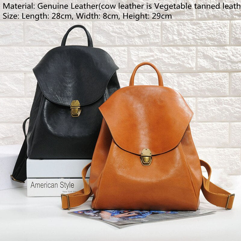 Vintage Natural Leather Backpacks For Women Casual Travel Female Knapsack High Quality Genuine Leather Daily Student Schoolbag