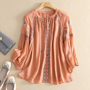 100% Silk Blouse Women Vintage Embroidered Tie V Neck Lantern sleeve 2 Colors Elegant Casual Top
