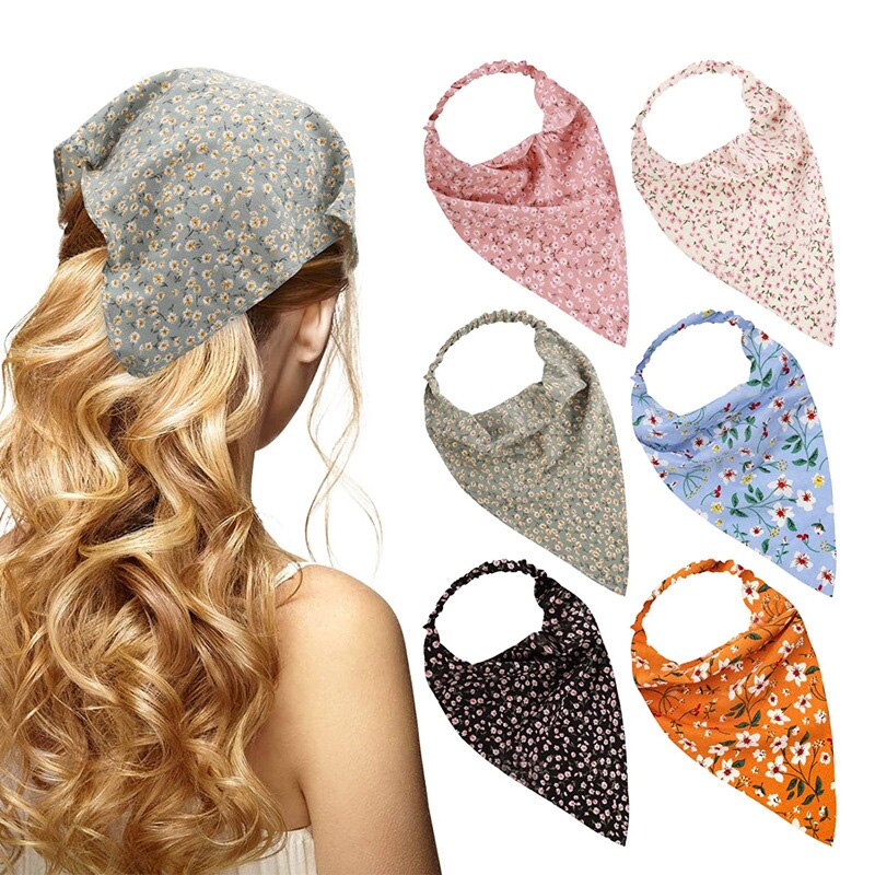 Floral Print Triangle Hair Scarf Headband Cute Turban Headwrap Head Scarf Elastic Hair Band Hairbands Women Hair Accessories summer wear
