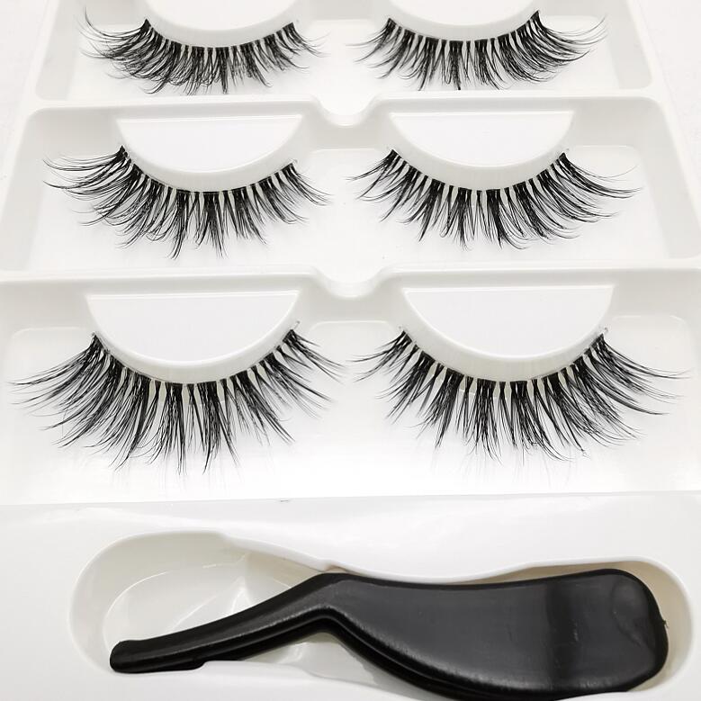 3 pairs 3D Mink Lashes Natural Long Wispy False Eyelashes +tweezers