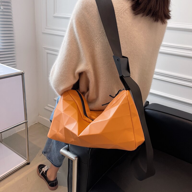 Geometric Pattern Large Bags for Women Pure Color Leather Girls Shoulder Bag