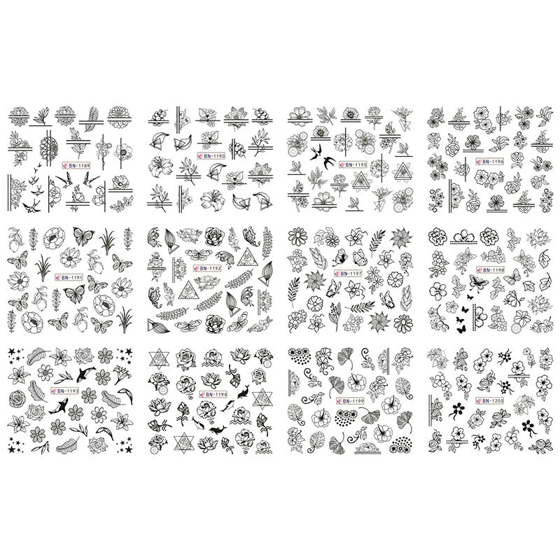 Patterns For Nail Art - Floral Aesthetic | Geometrical pattern | Figurine | Abstract art sheets pack of 12