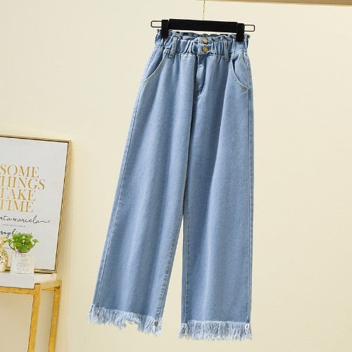 Women Jeans Casual Fashion Loose Wide Legs Elastic High Waist Thin Large Size