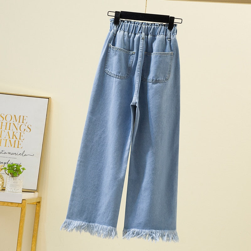 Women Jeans Casual Fashion Loose Wide Legs Elastic High Waist Thin Large Size