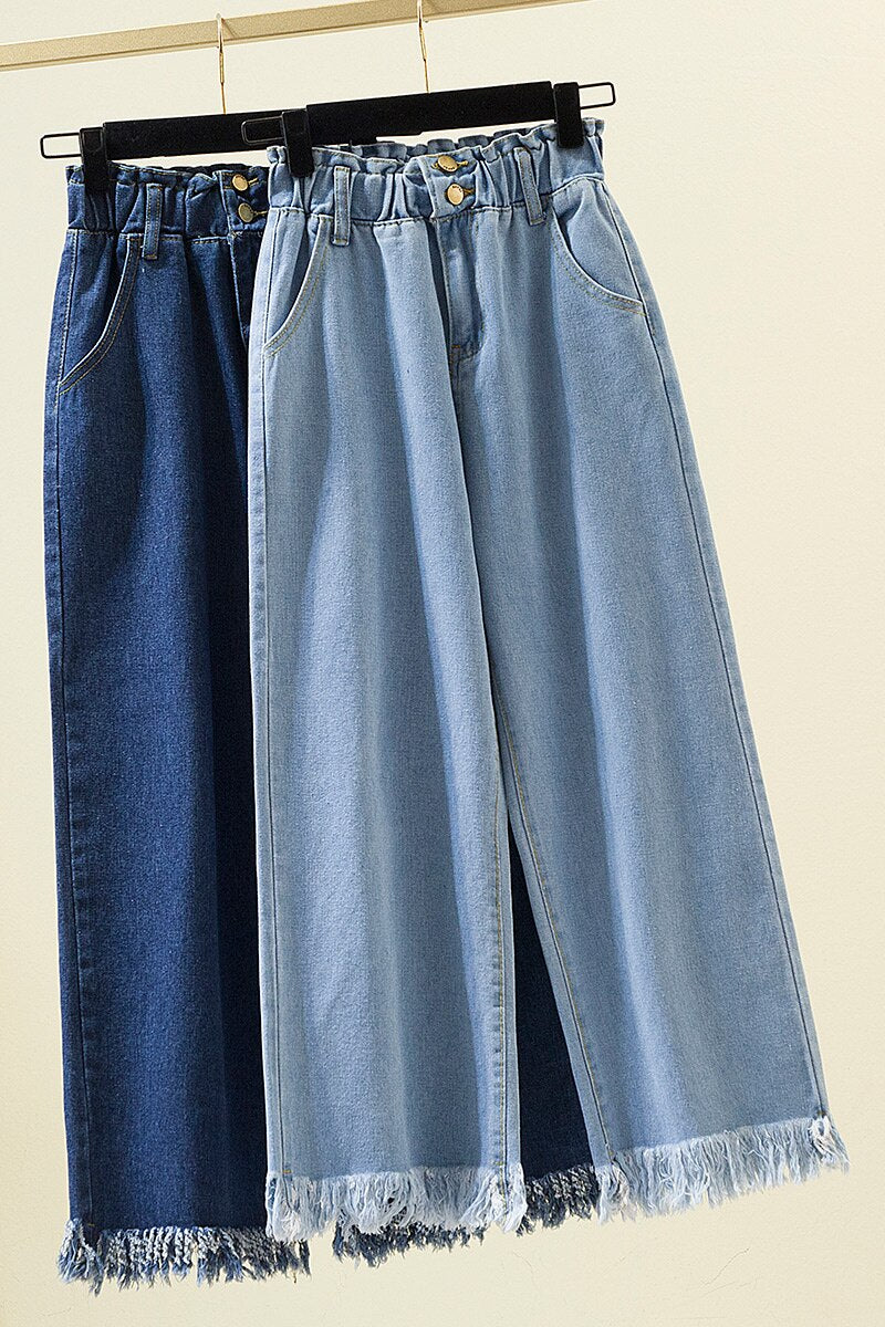 Women Jeans Casual Fashion Loose Wide Legs Elastic High Waist Thin Large Size