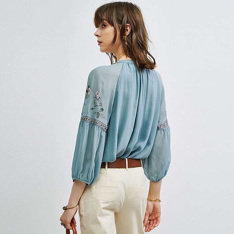 100% Silk Blouse Women Vintage Embroidered Tie V Neck Lantern sleeve 2 Colors Elegant Casual Top