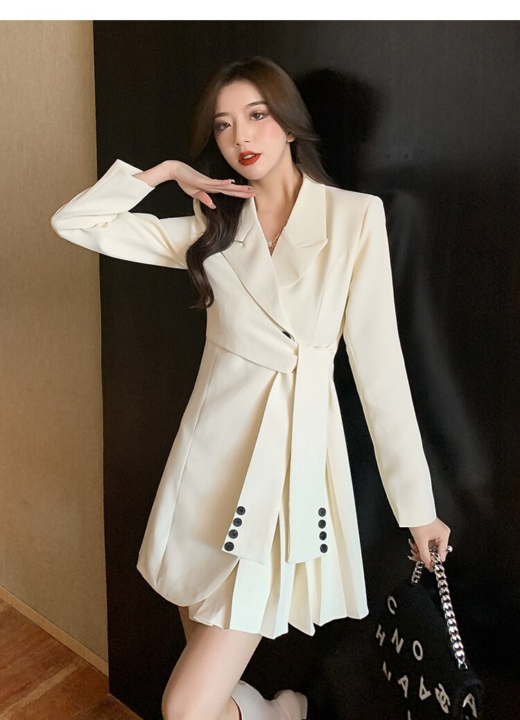 Korean Fashion White Dress Autumn New Waist Notched Long Sleeve Mini Pleated Blazer Dresses for Women
