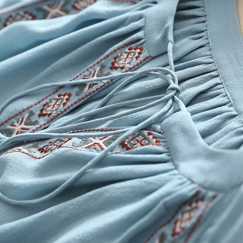 100% Silk Blouse Women Vintage Embroidered Tie V Neck Lantern sleeve 2 Colors Elegant Casual Top