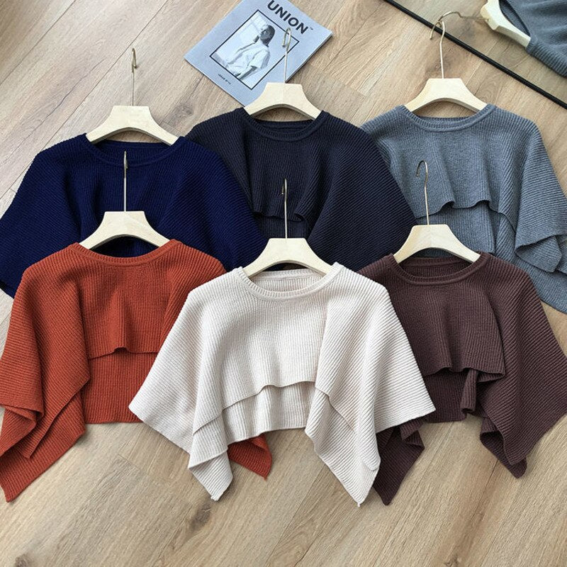 Knitted Cape Women Clothing O Neck Solid Short Tops Shawl Sweater Jumper 2023 Autumn Fashion Wild Knitted