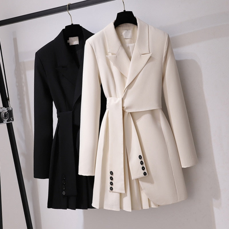 Korean Fashion White Dress Autumn New Waist Notched Long Sleeve Mini Pleated Blazer Dresses for Women