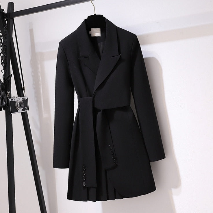 Korean Fashion White Dress Autumn New Waist Notched Long Sleeve Mini Pleated Blazer Dresses for Women