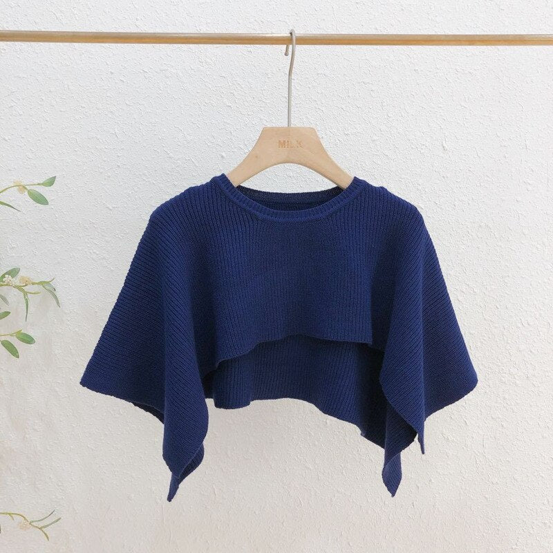 Knitted Cape Women Clothing O Neck Solid Short Tops Shawl Sweater Jumper 2023 Autumn Fashion Wild Knitted