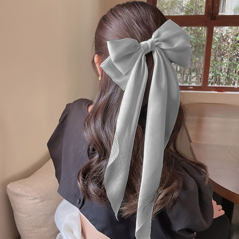 Solid Soft Large Satin Bow Hair pins Wedding Long Ribbon Hair Bow Woman Barrettes for Hair Spring Clip Big Hair Accessories