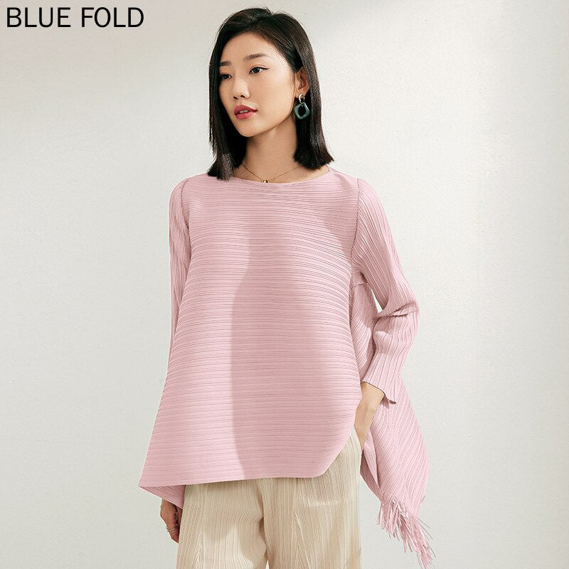Pleated A-line Loose Thin Top Women's Design Small Fringe T-Shirt Long Sleeve Medium Length
