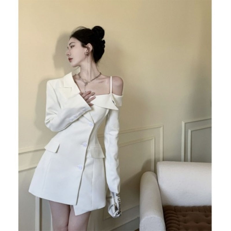 Chic Fashion Women Elegant Off Shoulder Dresses Spring 2023 Irregular Slim Button Up Blazer