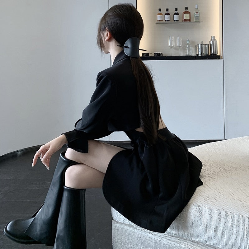 Fashion Suit Dress Women New Autumn V-neck Mini Black Long Sleeve Dresses Office use