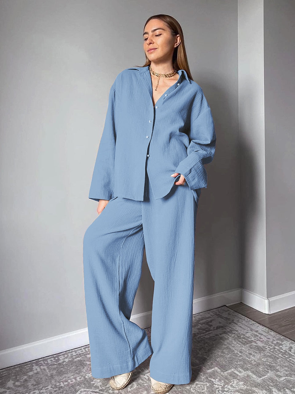 Cotton Women's Home Clothes Brown Long Sleeve 2 Piece Sets Sleepwear Loose Trouser Suits Casual Female Pajamas Autumn 2023