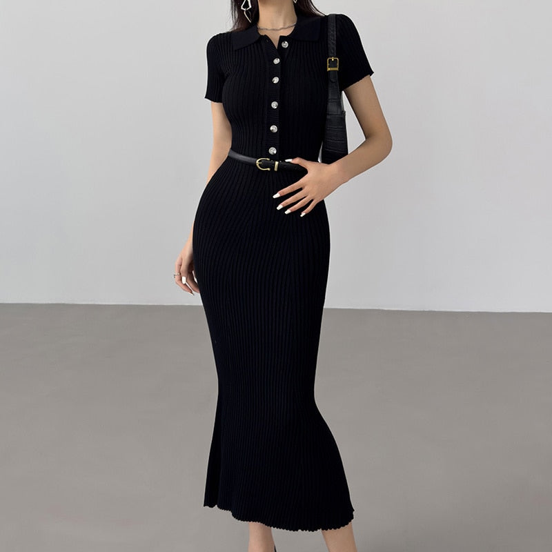 Summer Fishtail dress sweater Slim Casual Long Knitted Dress Polo Neck Short Sleeve