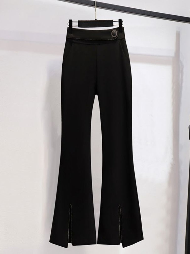 Women Suits Office Sets New Spring Long Sleeve Fold Pocket Blazer Women Solid Color Bell Bottoms Fashion Elegance Office Lady