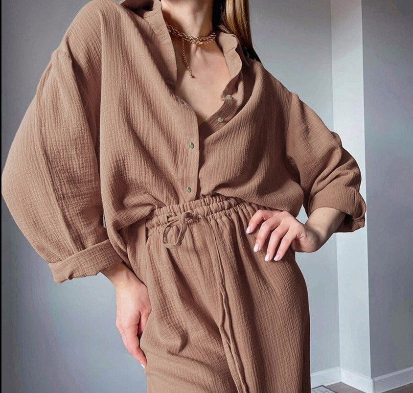 Women's Home Clothes Cotton Brown Long Sleeve 2 Piece Sets Sleepwear Loose Trouser Suits Casual Female Pajamas Autumn Product.