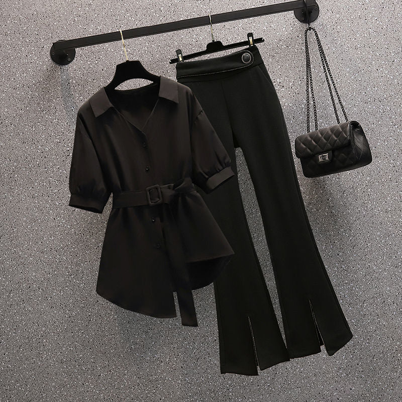 New Summer Elegant Women's Pants Set Personalized Chiffon Shirt Top Black Trousers Two Piece Set Female Tracksuit.