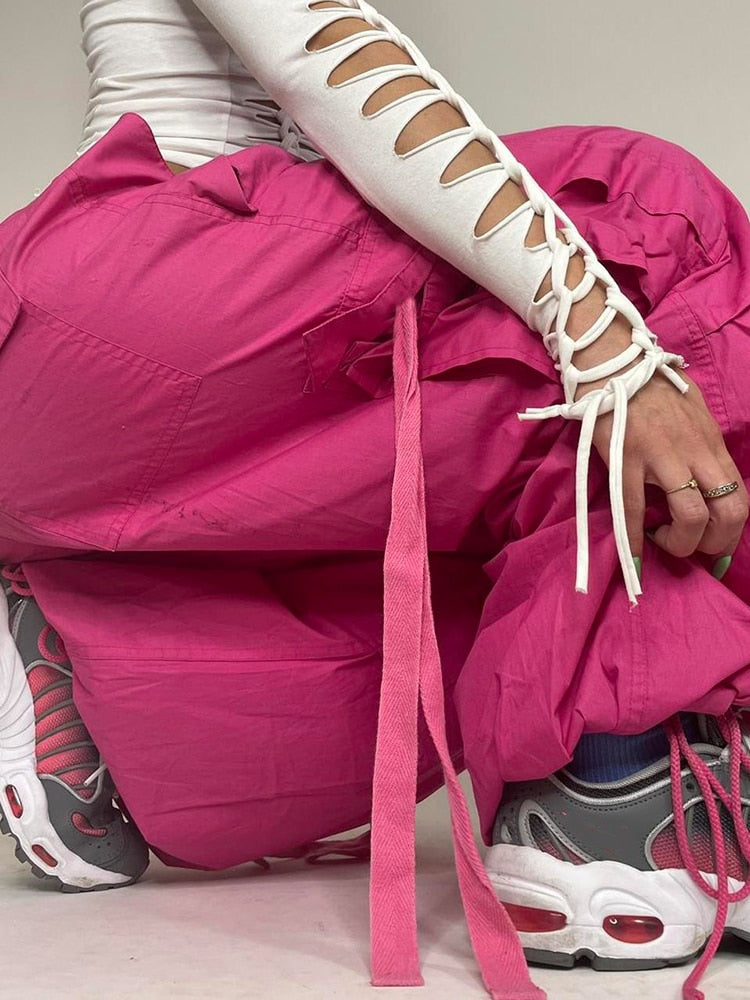 Oversized Cargo Pants 2023 Summer New Sweatpant Ribbon Low Rise Chic Pink Capris Casual Streetwear Womens Pants