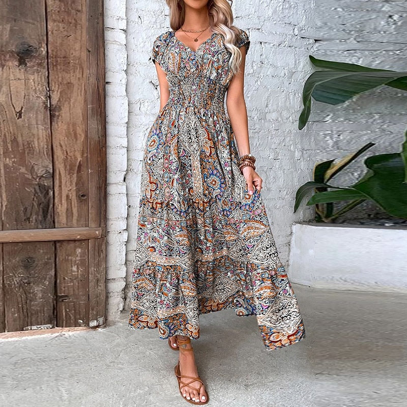Women Vintage Print Maxi Dresses Summer Casual V Neck Short Sleeve Elastic Waist Dress Female Boho Beach Big Swing Long Dresses.