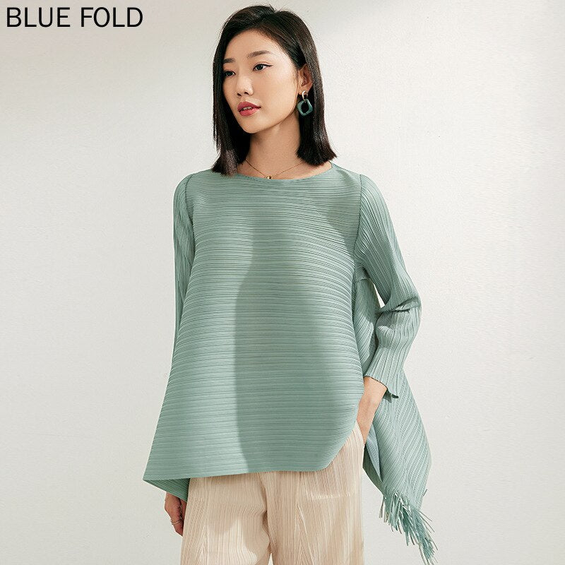 Pleated A-line Loose Thin Top Women's Design Small Fringe T-Shirt Long Sleeve Medium Length