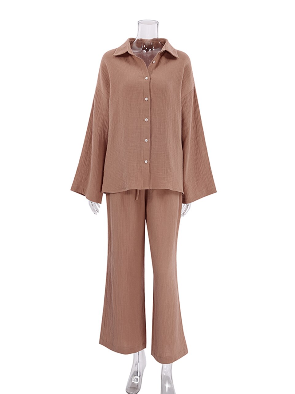 Cotton Women's Home Clothes Brown Long Sleeve 2 Piece Sets Sleepwear Loose Trouser Suits Casual Female Pajamas Autumn 2023