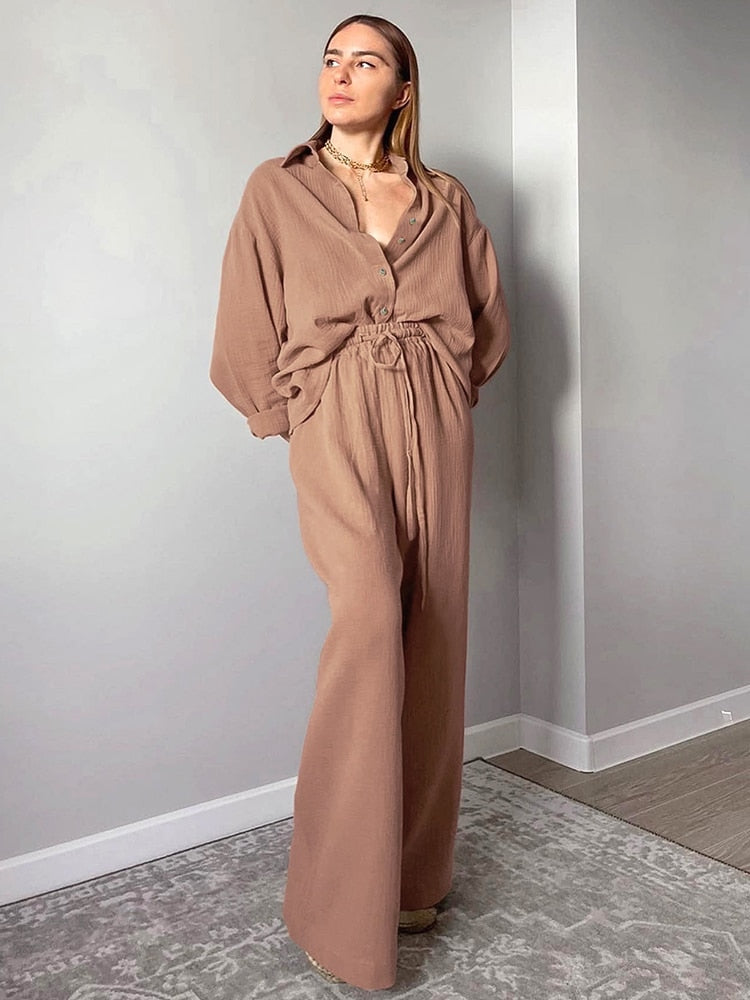 Cotton Women's Home Clothes Brown Long Sleeve 2 Piece Sets Sleepwear Loose Trouser Suits Casual Female Pajamas Autumn 2023