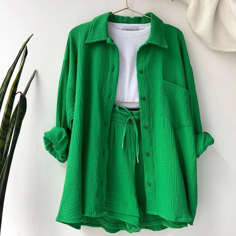 Solid Pleated Two Piece Set Pajamas for Women Summer Two Piece Suit Sleepwear Long Sleeve Short Sets Fashion Button Outfits