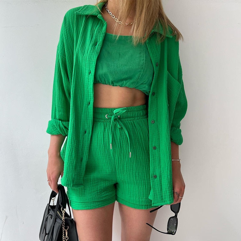 Solid Pleated Two Piece Set Pajamas for Women Summer Two Piece Suit Sleepwear Long Sleeve Short Sets Fashion Button Outfits