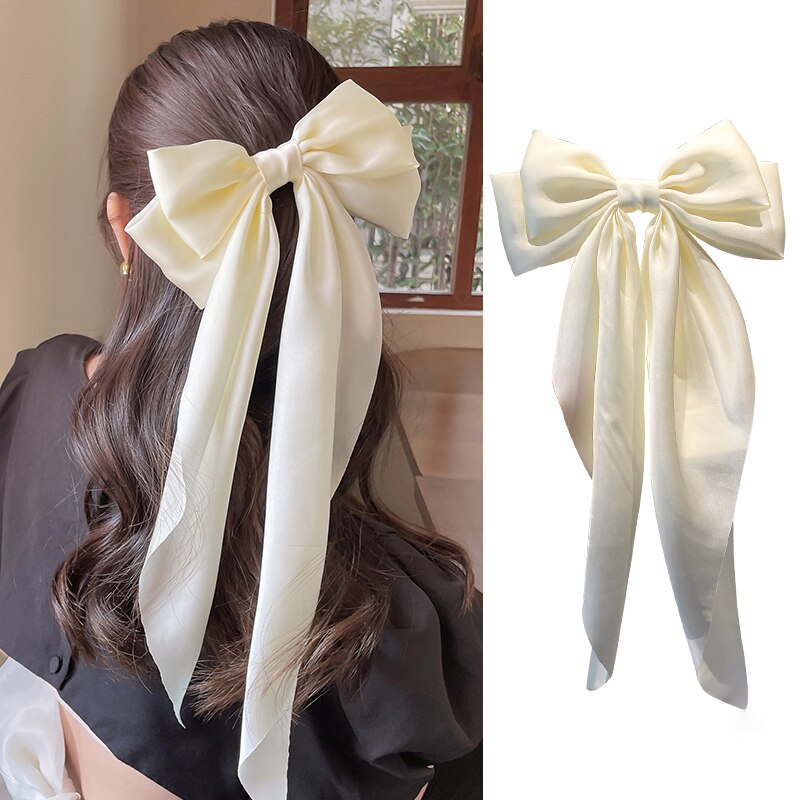 Solid Soft Large Satin Bow Hair pins Wedding Long Ribbon Hair Bow Woman Barrettes for Hair Spring Clip Big Hair Accessories