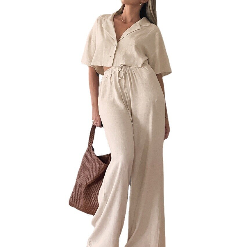 Cotton And Linen Summer Pajamas Two Pieces Set Solid for cool comfortable wear