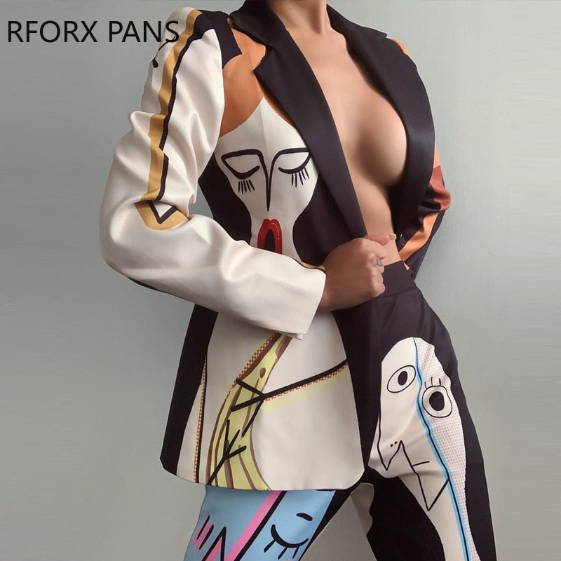 Women Elegant Turn Down Color cord set with Abstract Pattern Long Sleeves Blazer Jacket
