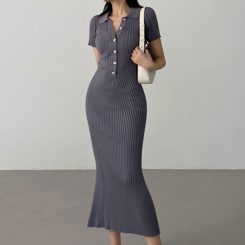 Summer Fishtail dress sweater Slim Casual Long Knitted Dress Polo Neck Short Sleeve