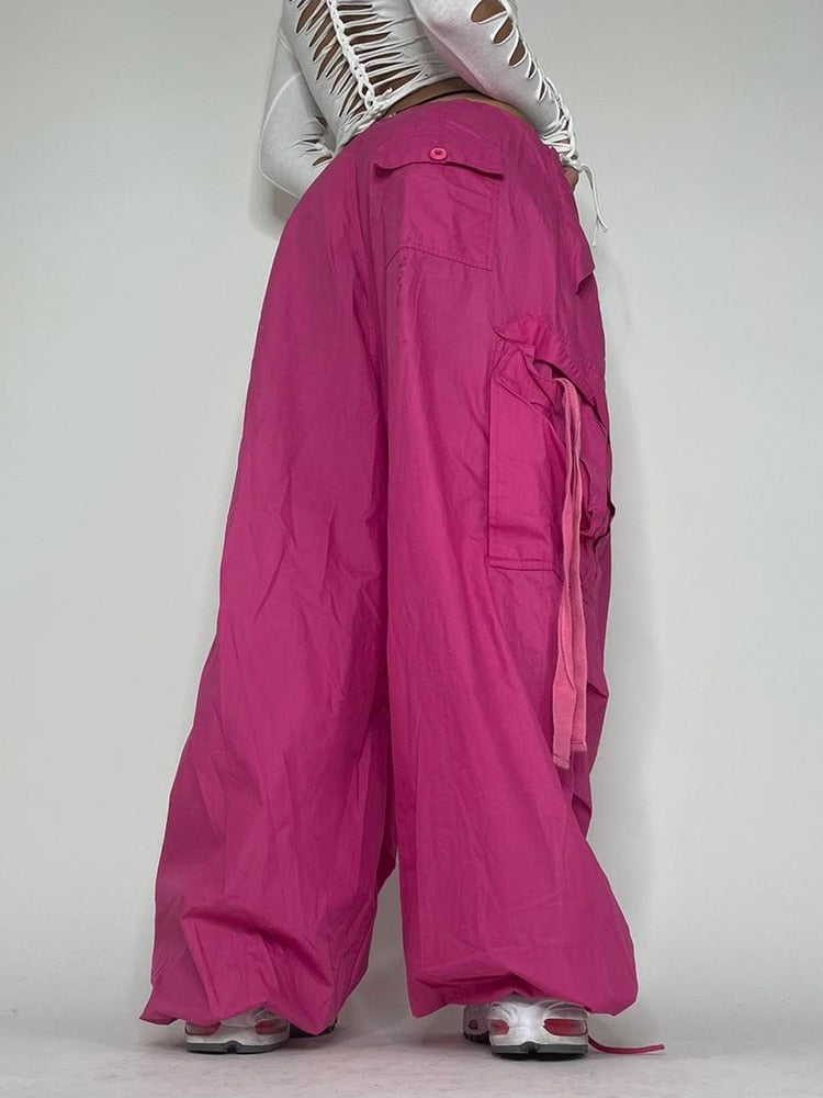 Oversized Cargo Pants 2023 Summer New Sweatpant Ribbon Low Rise Chic Pink Capris Casual Streetwear Womens Pants