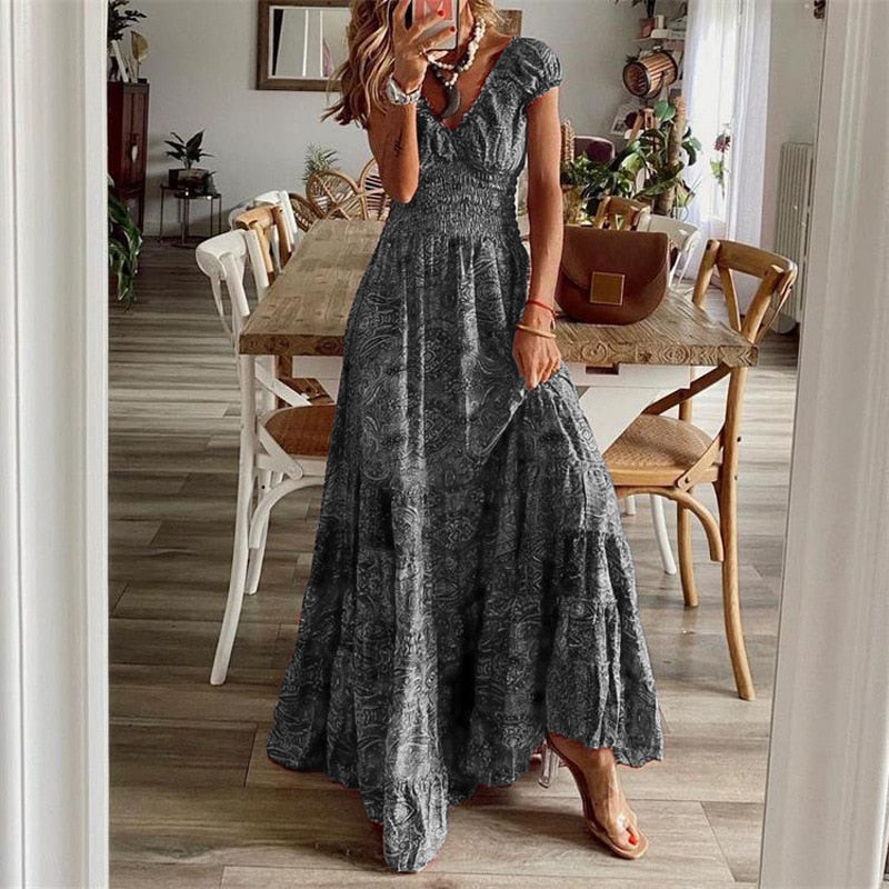 Women Vintage Print Maxi Dresses Summer Casual V Neck Short Sleeve Elastic Waist Dress Female Boho Beach Big Swing Long Dresses.