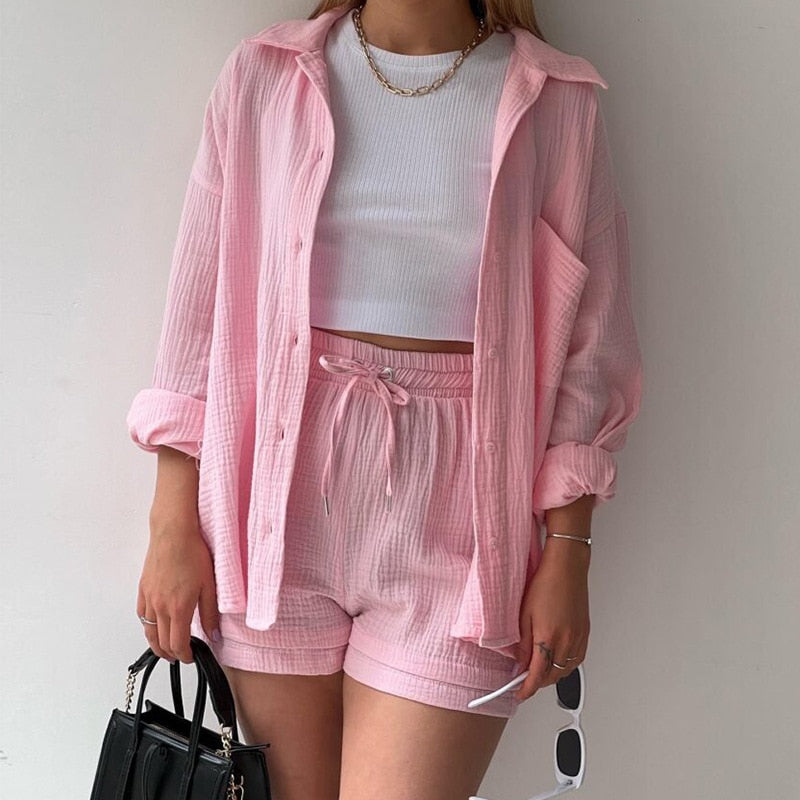 Solid Pleated Two Piece Set Pajamas for Women Summer Two Piece Suit Sleepwear Long Sleeve Short Sets Fashion Button Outfits