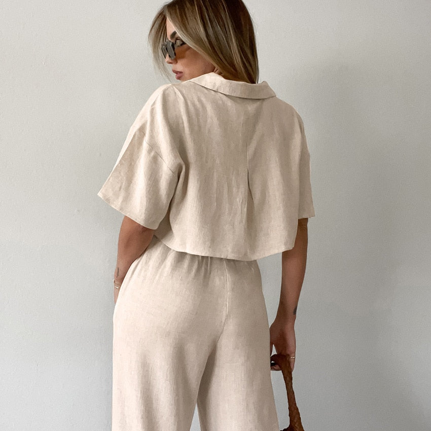 Cotton And Linen Summer Pajamas Two Pieces Set Solid for cool comfortable wear