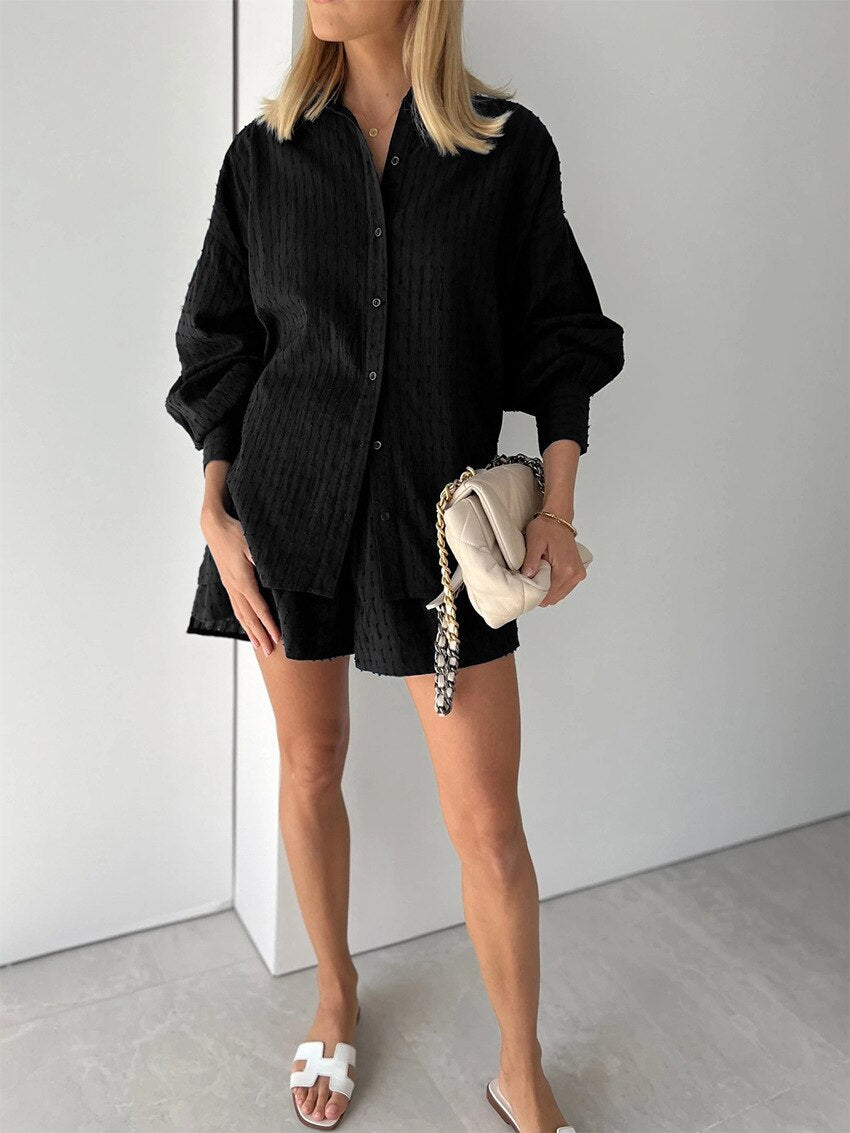 Women's Pajama Set Long Sleeve Ladies Summer Sleepwear 2 Pcs With Shorts Solid Pajama Suit for Female.
