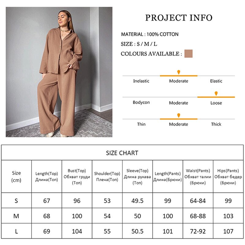 Women's Home Clothes Cotton Brown Long Sleeve 2 Piece Sets Sleepwear Loose Trouser Suits Casual Female Pajamas Autumn Product.