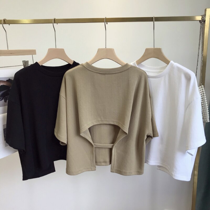 Open Back Short T-shirt Women Sweet Korean Style tshirt 2023 Summer New Round Neck Loose Short Sleeve Tee Tops