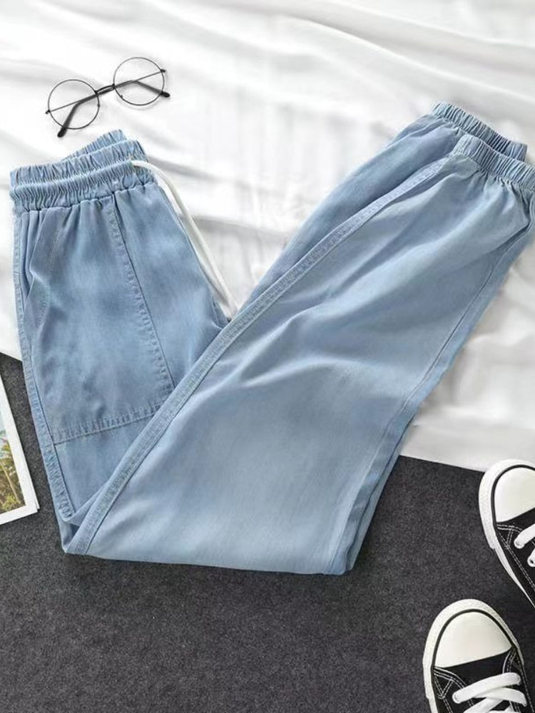 Women Pants Summer New 2023 Thin High Elastic Woman Jeans Oversize Trousers Soft Cool Female Casual Denim Pants