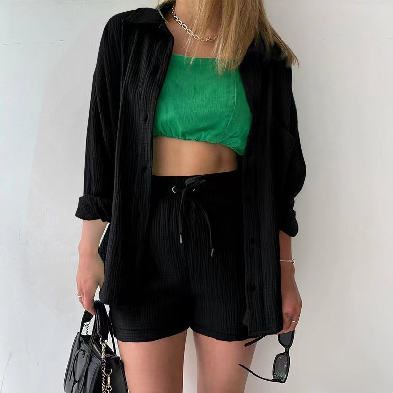 Solid Pleated Two Piece Set Pajamas for Women Summer Two Piece Suit Sleepwear Long Sleeve Short Sets Fashion Button Outfits